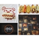 Square cropped thumbnail of A series of four images show a dog drawn using ketchup as the face and a hot dog as its mouth, a neon sign that reads 
