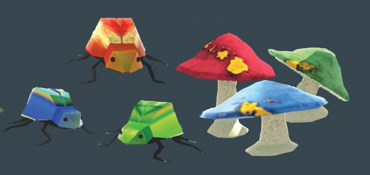 Bug game characters and mushrooms