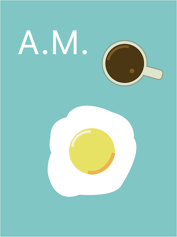 An animated fried egg and a cup of black coffee sit on top of a teal background with letters reading, 