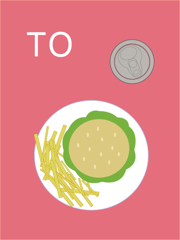 Yellow fries and a burger bun with lettuce sit on a white plate on top of a pink background. A silver can of soda sits upward and slightly right from the plate. The graphic reads the word 