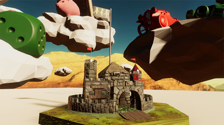 An illustration of a clouds hovering over a castle. On top of the clouds are toys: a car, a pig and a green die.
