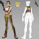 Two sketches of a woman wearing military gear holding a gun