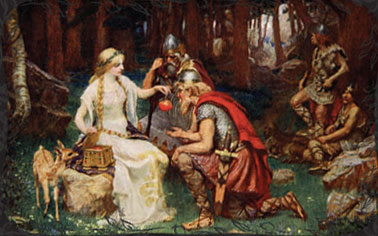 A knight kneeling in front of a woman, who is handing him an apple