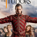 Tudors promo. A man stands witth arms spread open. Female characters appear on both sides. Renaissance dress.