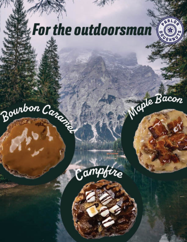 Background shows mountains, trees and water. Three donuts appear: bourbon caramel, campfire, and maple bacon. Title: For the outdoorsman.