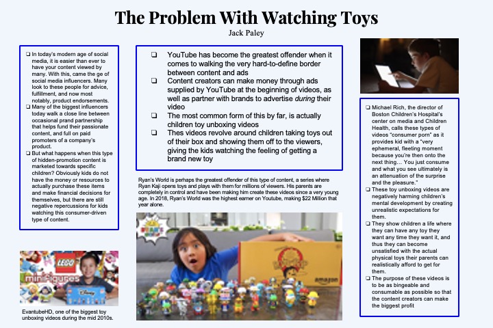 a poster shows photos of children and toys and text blocks explaining research findings