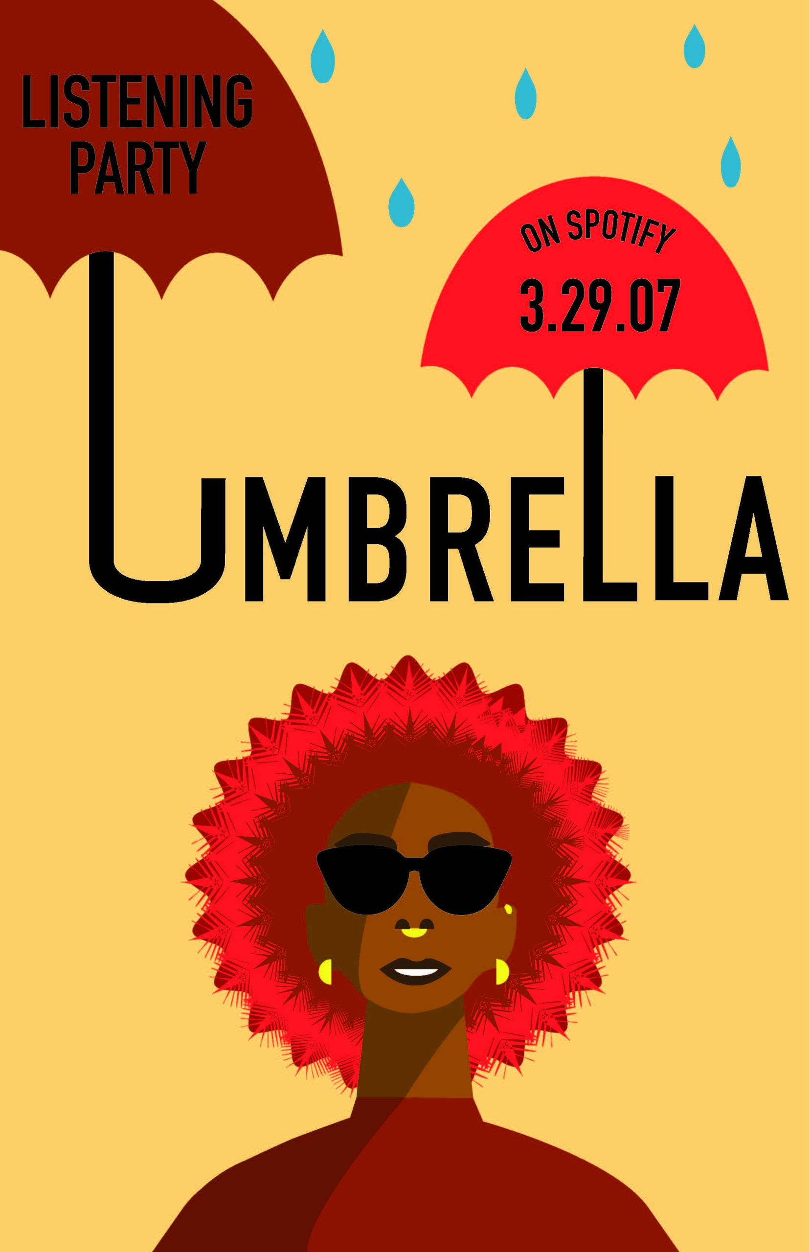 Poster for Sophie DeRuntz's Spotify listening party featuring "Umbrella" by Rihanna. Additional text reads: "on Spotify 3.29.07."