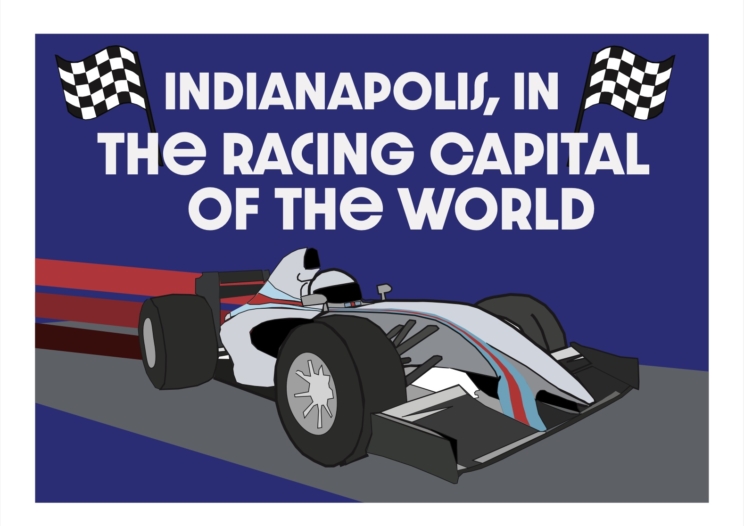 A blue and red graphic with an IndyCar advertising the Indianapolis 500