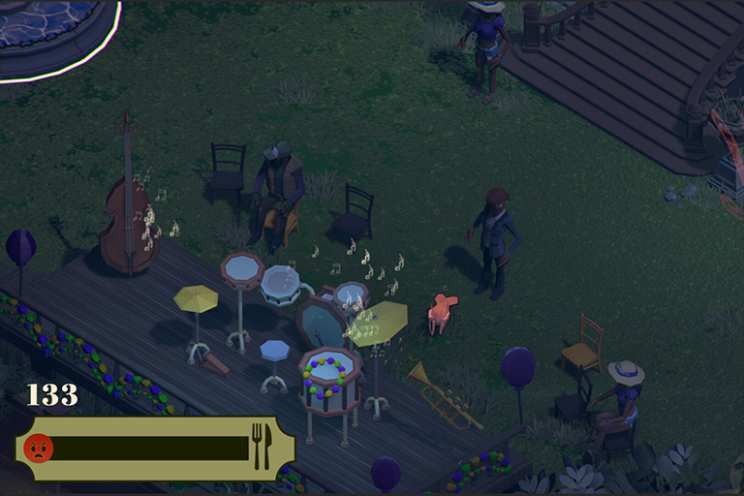 A screenshot from a game featuring a ghost shrimp watching instruments play music while standing in the yard of a hotel.