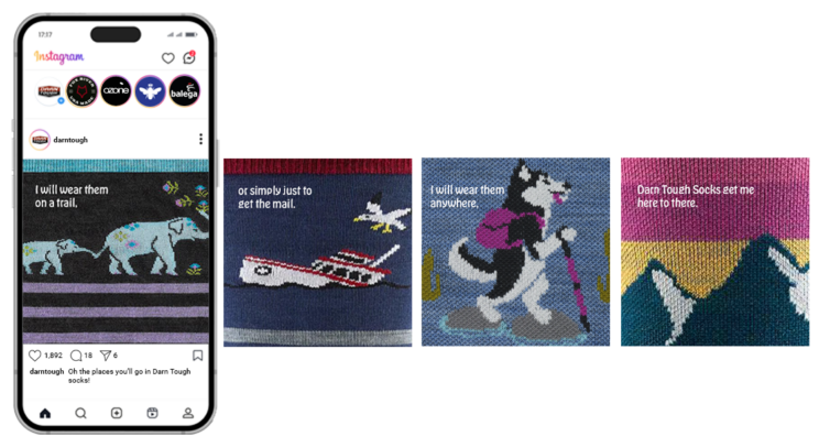 instagram ad from darn tough showing where it is people will all wear their socks. the first slide has two elephants knit into the socks, then a ship, then a dog hiking, and lastly a shot of the mountains.