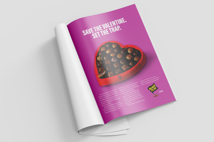 Photo of black flag roach motel on magazine page. the page reads "Save the valentine. Set the trap." with a photo of a heart shaped chocolate box and a roach crawling over the chocolates.