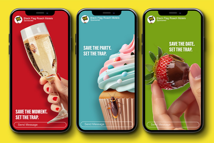 Instagram story post from black flag roach motels with three different scenes. the first scene is a glass of champagne with a roach in the bottom of the glass, with text reading "Save the moment. set the trap." The second scene is photo of a cupcake with a roach crawling on it, with text that reads "Save the party. Set the trap." the third scene is a photo of a chocolate covered strawberry with text that reads "Save the date. Set the trap."