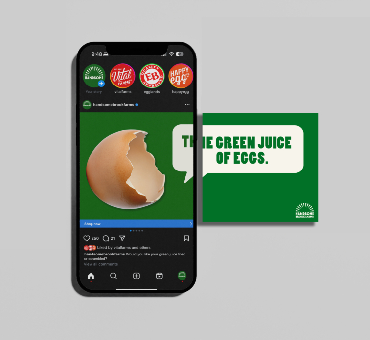 instagram ad for HBF eggs with a visual of a broken egg and text that reads "the green juice of eggs"